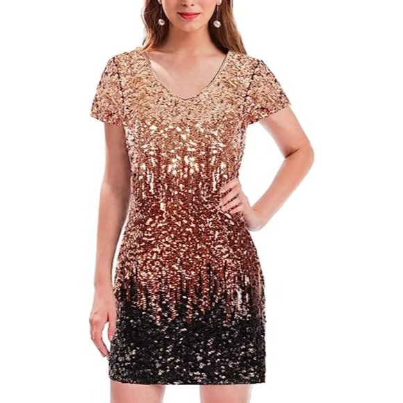 Dresses Maner Womens Sequin Glitter Short Sleeve Dress Sexy V Neck